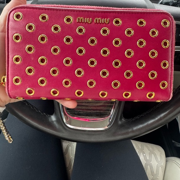 Miu Miu Pink Leather Grommet Stud Zip Around Wallet Wristlet Gold Hardware